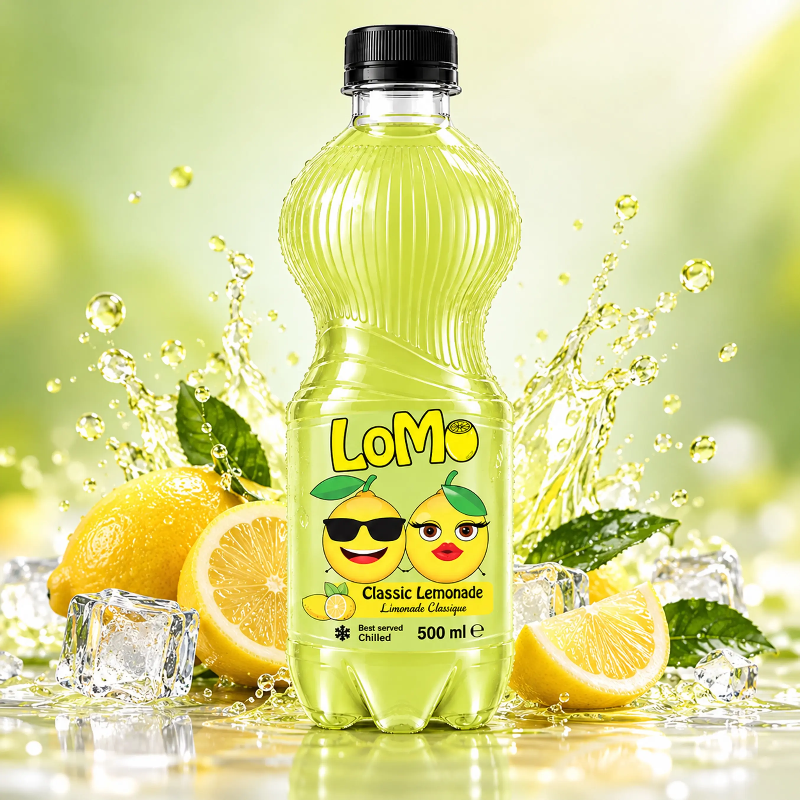 LOMO Classic Lemonade 500ml bottle with fresh lemons, ice cubes and yellow-green splash.